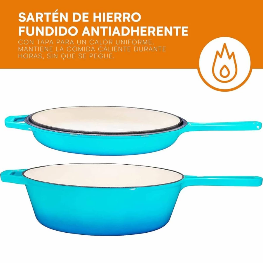 Bruntmor 3Qt Enameled Cast Iron Dutch Oven & Skillet Combo, Caribbean Blue – 2-in-1 Braiser, Casserole & Slow Cooker with Lid