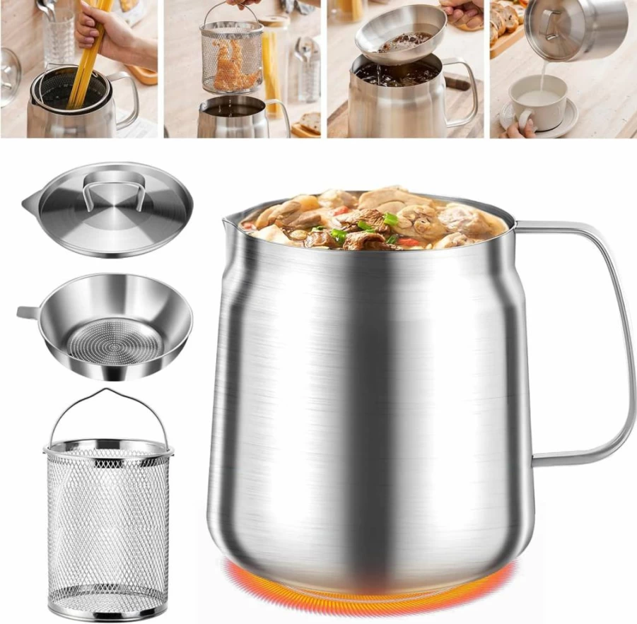 TAEYONK 68Oz Stainless Steel Oil Filter Pot with Strainer & Fry Basket - 2L Bacon Grease Container, Lard Saver, Pasta & Vegetable Cooker - Heavy Duty Kitchen Cooking Gadget
