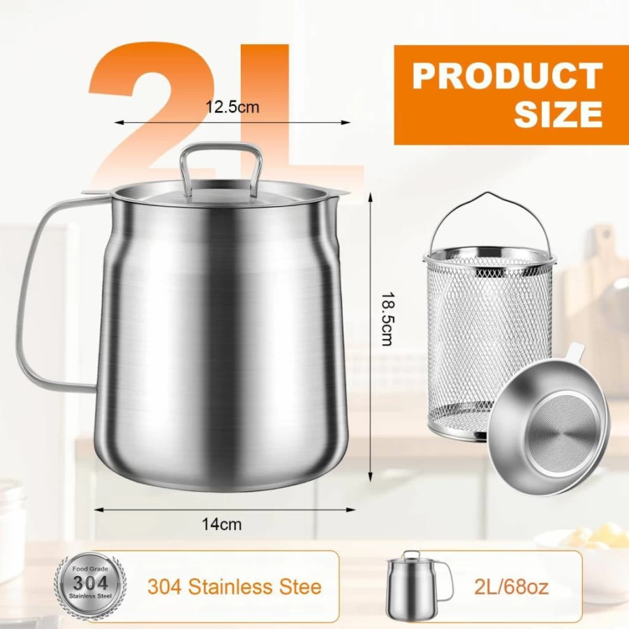 TAEYONK 68Oz Stainless Steel Oil Filter Pot with Strainer & Fry Basket - 2L Bacon Grease Container, Lard Saver, Pasta & Vegetable Cooker - Heavy Duty Kitchen Cooking Gadget