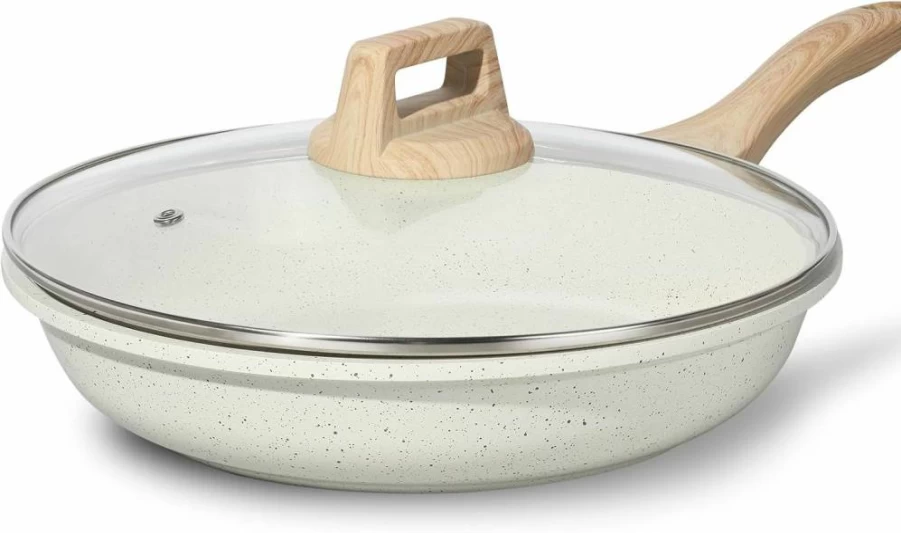 ESLITE LIFE Ceramic Nonstick Frying Pan Set with Lids - PFOA & PTFE Free, Induction Compatible Cookware for Gas, Electric Stovetops - Eco-Friendly White Skillets for Omelette & Kitchen Cooking