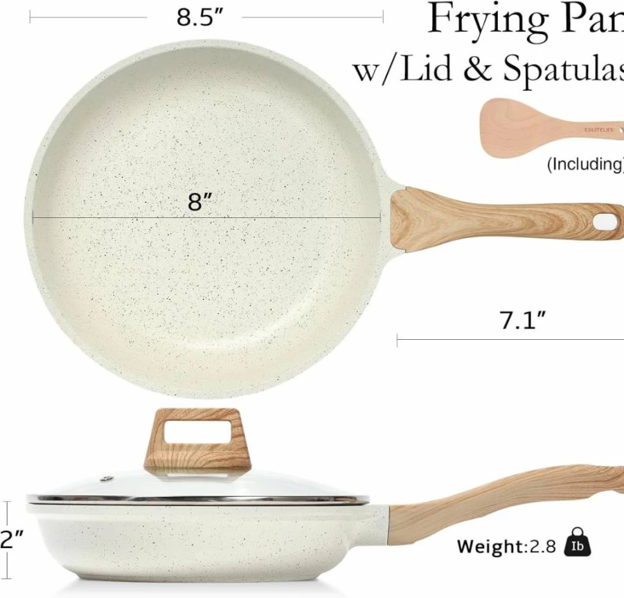 ESLITE LIFE Ceramic Nonstick Frying Pan Set with Lids - PFOA & PTFE Free, Induction Compatible Cookware for Gas, Electric Stovetops - Eco-Friendly White Skillets for Omelette & Kitchen Cooking