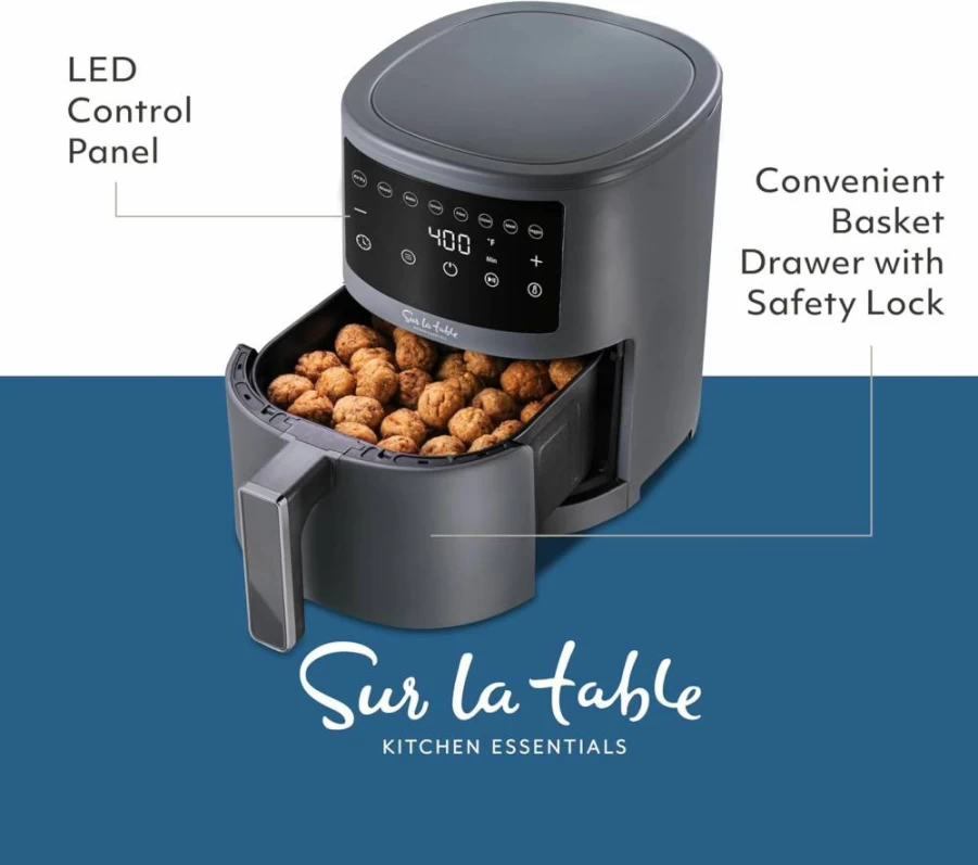 Sur La Table 3.8 Quart Digital Air Fryer with LED Touchscreen - 8 Presets for Air Frying, Baking, Roasting, Broiling & Reheating - 1500W Compact Countertop Oven