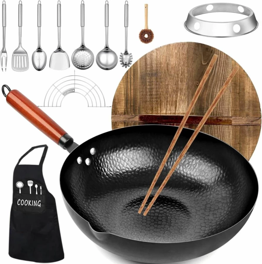Kaqinu 12.6" Carbon Steel Wok Pan Set - 14-Piece Non-Toxic Stir Fry Pans with Wooden Lid, Flat Bottom Compatible with Induction, Gas, Electric & Halogen Stoves