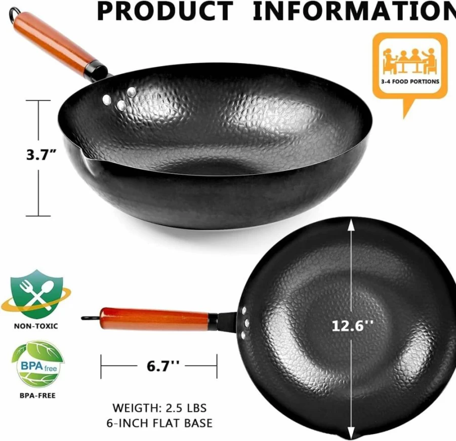 Kaqinu 12.6" Carbon Steel Wok Pan Set - 14-Piece Non-Toxic Stir Fry Pans with Wooden Lid, Flat Bottom Compatible with Induction, Gas, Electric & Halogen Stoves