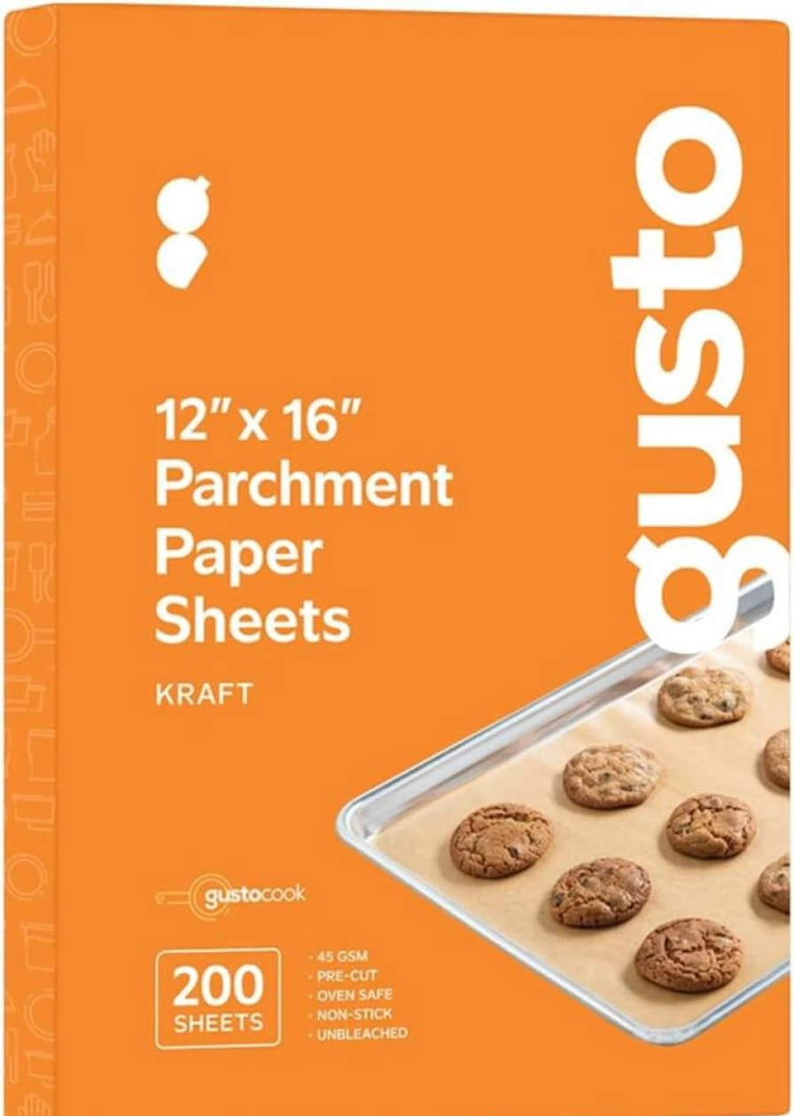GUSTO Non-Stick Parchment Paper Roll for Baking & Air Fryer - 15 Inch x 200 Ft, 250 Sq.Ft Kraft Baking Paper with Built-In Cutter