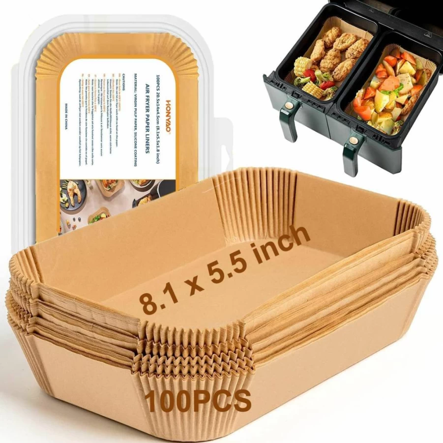 HONYAO 8.1X5.5 Inch Air Fryer Paper Liners, Disposable Parchment Trays for Dual Zone Air Fryers, Ninja Double Stack XL 8-10 Quart, BPA-Free Food Grade Accessories