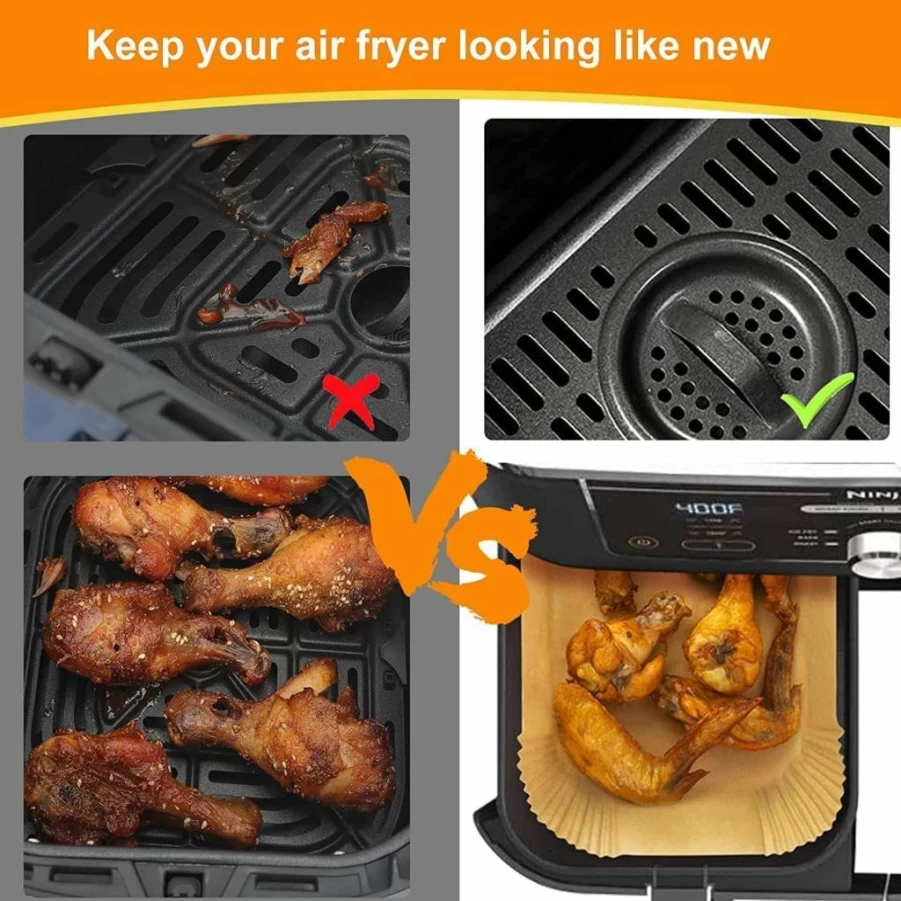 HONYAO 8.1X5.5 Inch Air Fryer Paper Liners, Disposable Parchment Trays for Dual Zone Air Fryers, Ninja Double Stack XL 8-10 Quart, BPA-Free Food Grade Accessories