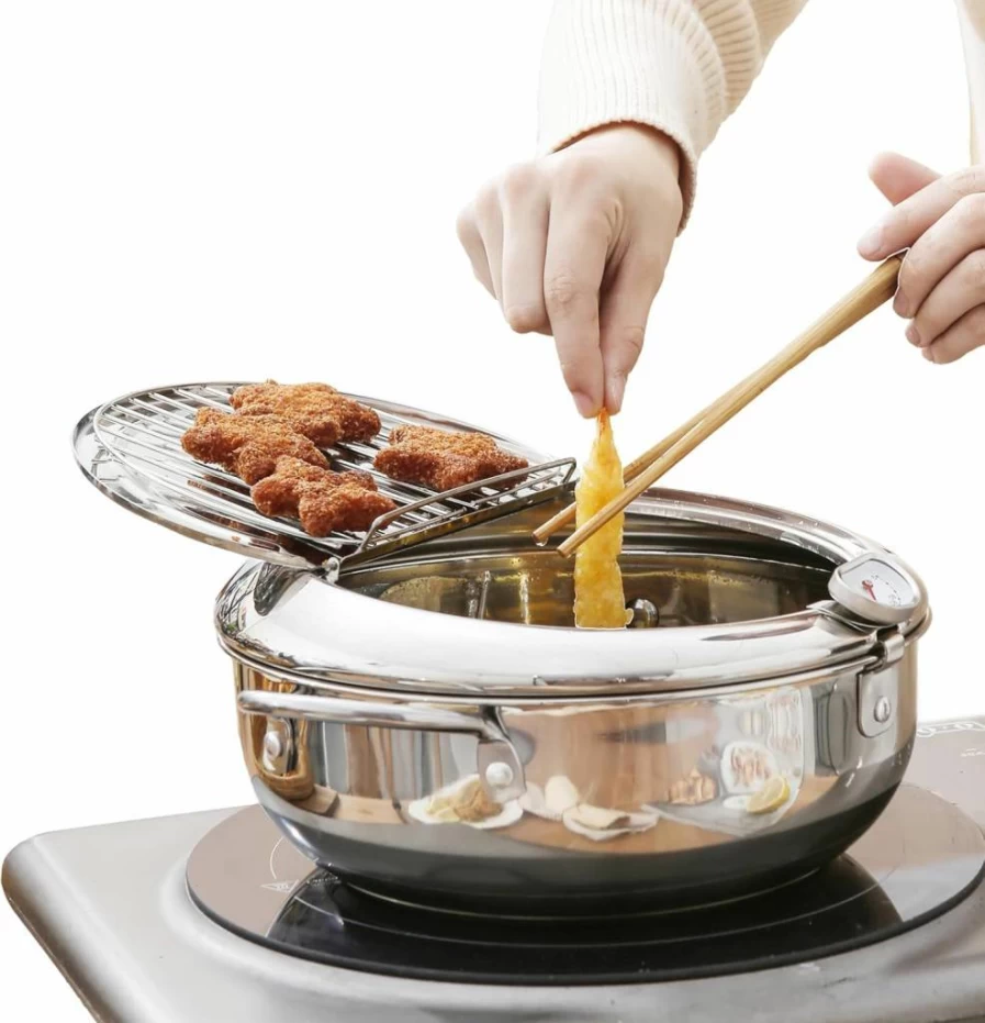 Saltlas 11" Stainless Steel Deep Fryer Pot with Lid, 4.4QT Tempura Fryer with Temperature Control & Oil Drip Rack, 304 Stainless Steel Commercial Fry Pot for Home Kitchen