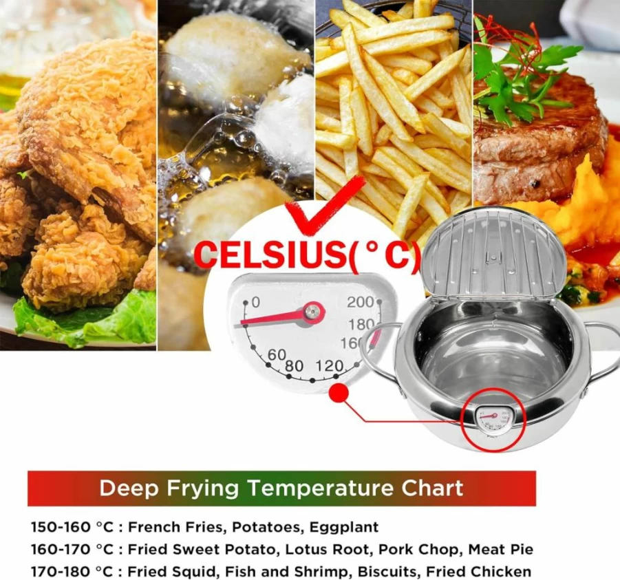 Saltlas 11" Stainless Steel Deep Fryer Pot with Lid, 4.4QT Tempura Fryer with Temperature Control & Oil Drip Rack, 304 Stainless Steel Commercial Fry Pot for Home Kitchen