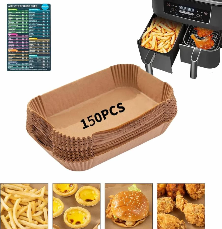 ECFVTP 100Pcs Air Fryer Parchment Paper Liners, 9x6 Inch Disposable Non-Stick Baking Sheets for Ninja Foodi, Dual Zone & DZ201, Natural Food Safe