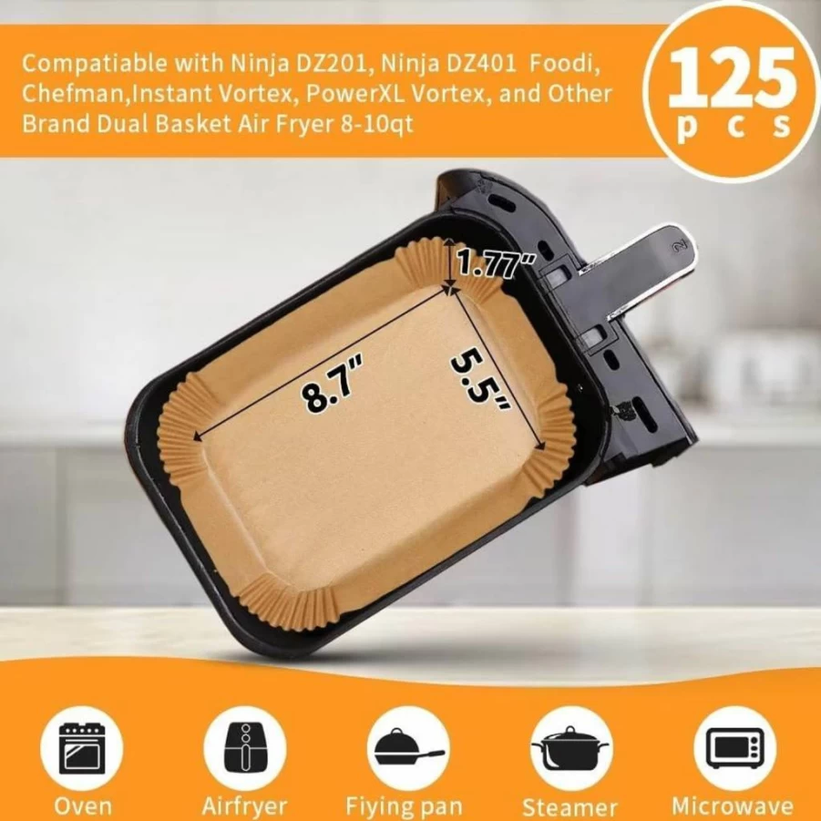 DNSSY Air Fryer Liners 125Pcs Disposable Parchment Paper Sheets 8.7x5.5 Inch Compatible with Ninja Foodi Dual Basket DZ201 DZ401 & 8QT+ Air Fryers