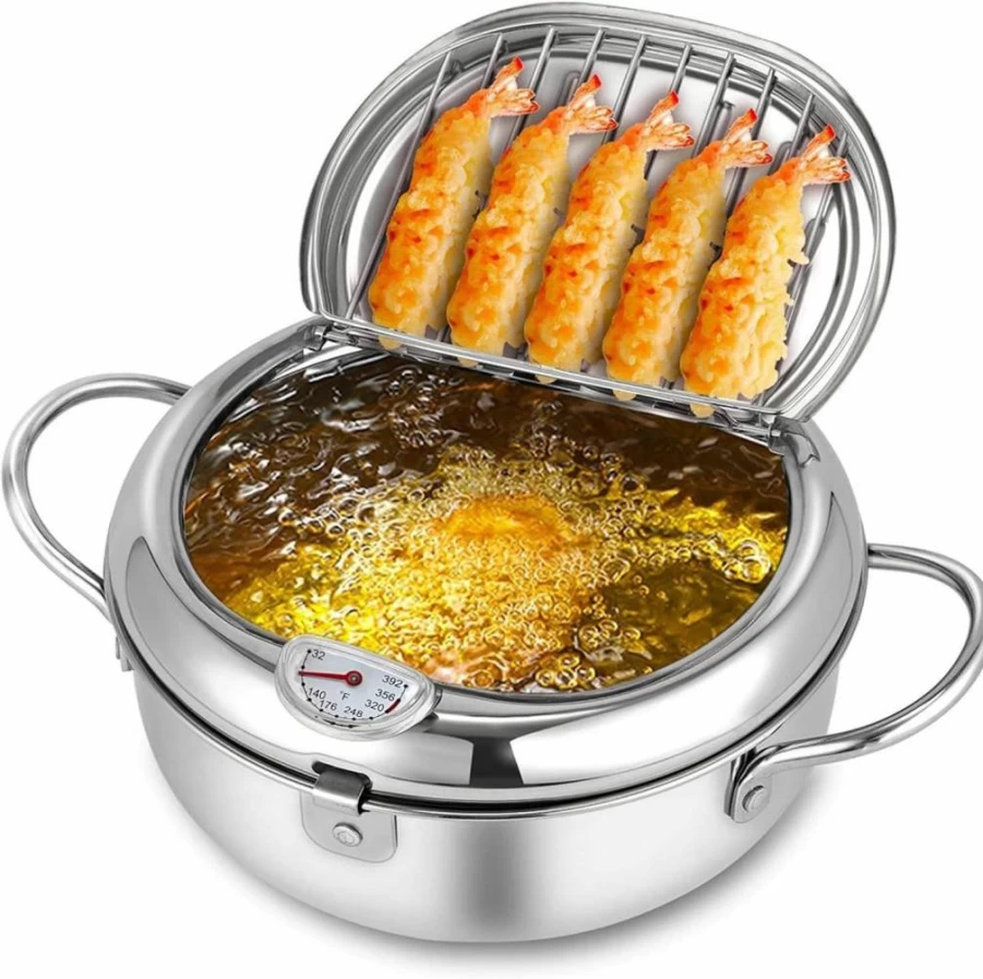 YCXMJYR 11 Inch 4.4Qt Large Tempura Deep Fry Pot With Lid, Thermometer & Drip Rack - Family Size (4-6 People) For Home Kitchen
