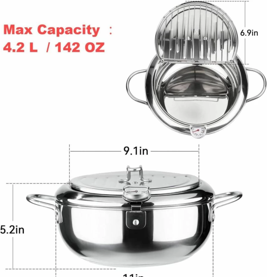 YCXMJYR 11 Inch 4.4Qt Large Tempura Deep Fry Pot With Lid, Thermometer & Drip Rack - Family Size (4-6 People) For Home Kitchen