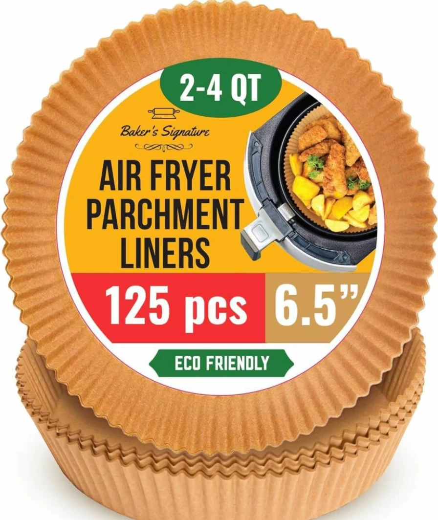 Baker's Signature 125-Pack 8 Inch Non-Stick Air Fryer Liners for Ninja & 5-8 Qt Baskets | Disposable, Oil-Proof Round Parchment Papers for Oven, Pans & Baking | Easy Cleanup