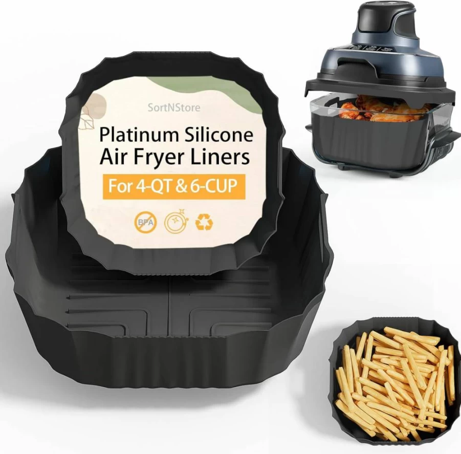 SortN Silicone Air Fryer Liners 2Pcs - Dishwasher Safe, Non-Stick, Reusable Baking Mats for Ninja Foodi 4QT & 6QT, Crispi Air Fryer Accessories, BPA Free