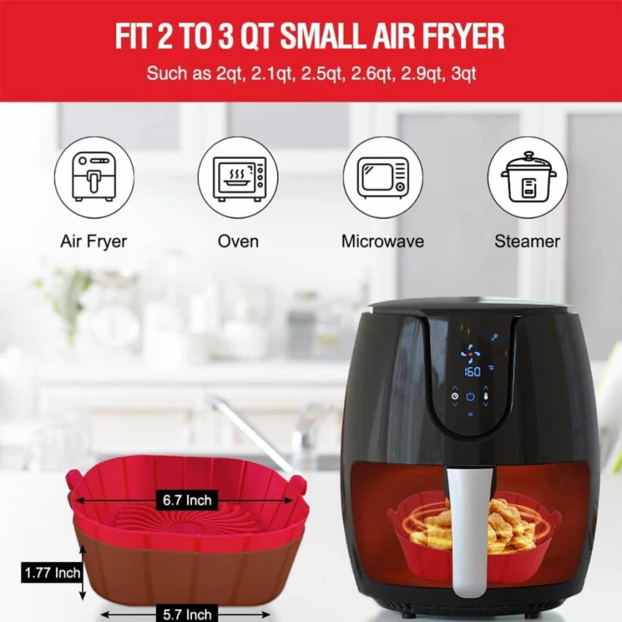 Xabzhzn 2-Pack Square Silicone Air Fryer Liners for 2-3 Qt Small Air Fryers, Non-Stick Reusable Basket Bowl Insert & Baking Tray Accessories