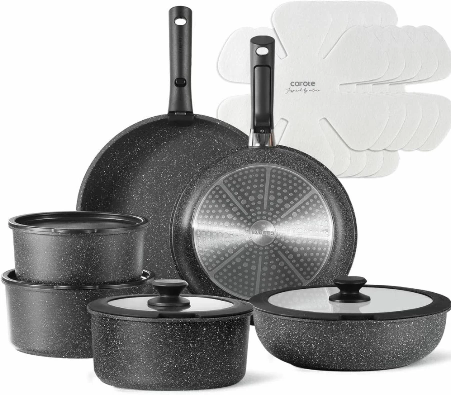 CAROTE 19-Piece Nonstick Cookware Set with Detachable Handle, Induction Compatible Pots and Pans, Oven & Fridge Safe, Space-Saving Kitchen Set, Cream White