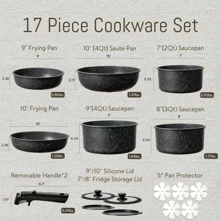 CAROTE 19-Piece Nonstick Cookware Set with Detachable Handle, Induction Compatible Pots and Pans, Oven & Fridge Safe, Space-Saving Kitchen Set, Cream White