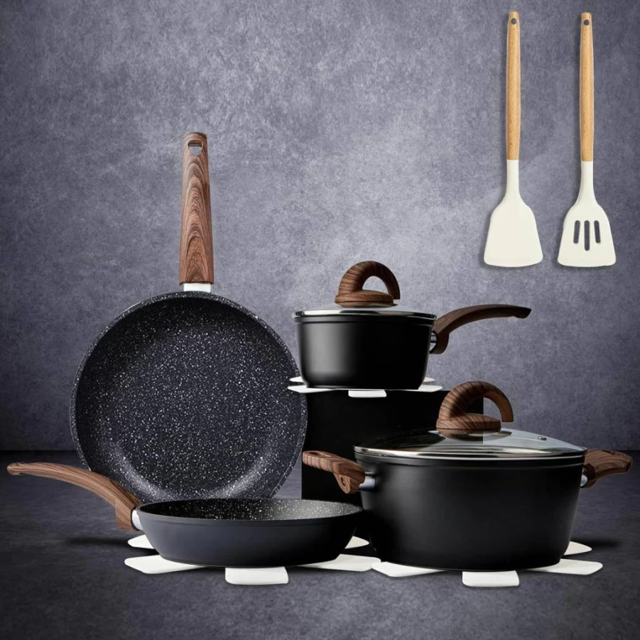 Vkoocy Non Stick Ceramic Cookware Set - 10-Piece Granite Pattern Pots and Pans Set for Induction, PTFE/PFOA/PFOS-Free, Includes Frying Pans, Saucepans & Casserole (Black)
