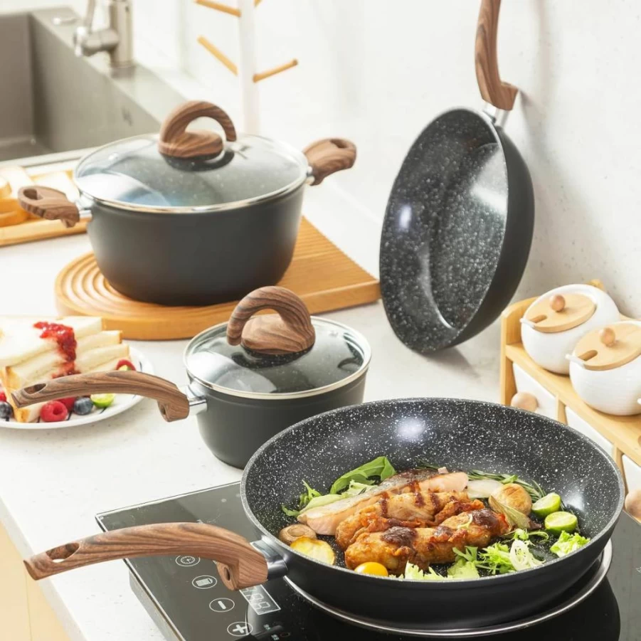 Vkoocy Non Stick Ceramic Cookware Set - 10-Piece Granite Pattern Pots and Pans Set for Induction, PTFE/PFOA/PFOS-Free, Includes Frying Pans, Saucepans & Casserole (Black)
