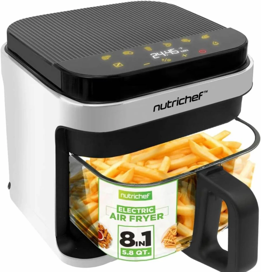 NutriChef 5.8 Quart Air Fryer with 8 Preset Functions, Transparent View Basket, Digital Controls for Chicken, Fries, Steak, Shrimp – Energy Efficient, Easy Clean, Grey