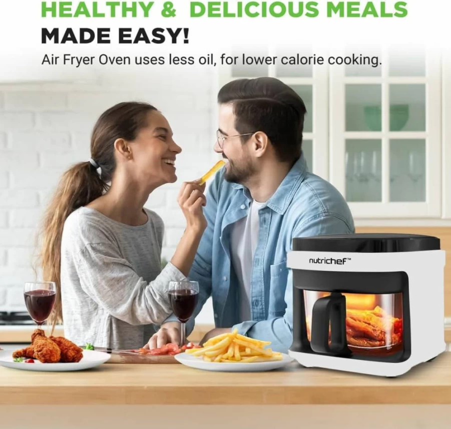 NutriChef 5.8 Quart Air Fryer with 8 Preset Functions, Transparent View Basket, Digital Controls for Chicken, Fries, Steak, Shrimp – Energy Efficient, Easy Clean, Grey
