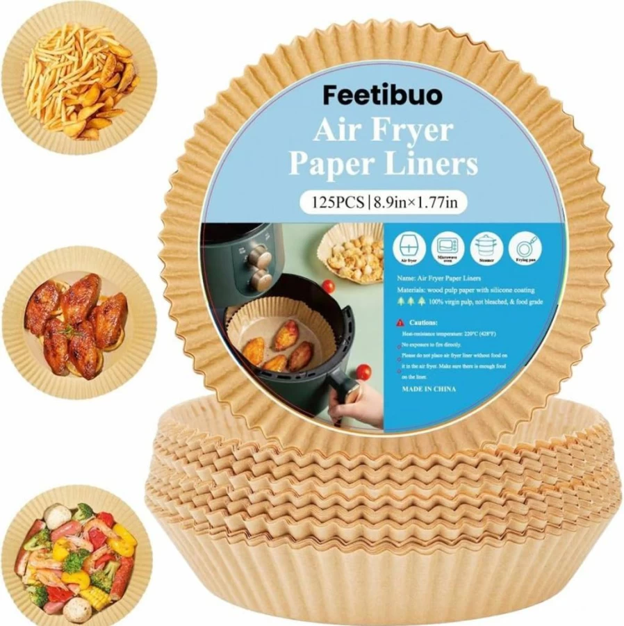 Feetibuo 125Pcs Air Fryer Parchment Paper Sheets - 7.9 Inch Square Non-Stick Disposable Liners for 5-8Qt Air Fryer, Baking, Roasting & Microwave Safe