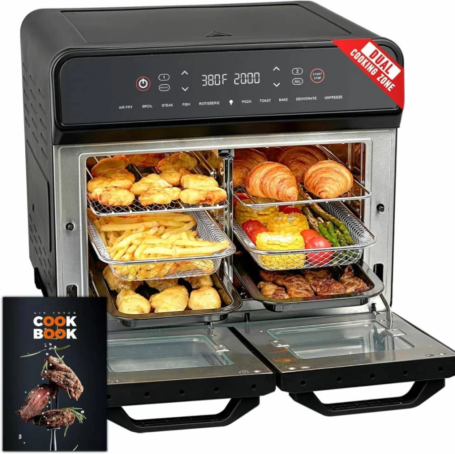 MFVV 24Qt 1800W Dual Zone Air Fryer Oven with Rotisserie, 10-in-1 Countertop Convection Oven Electric, Large Double Air Fryer Digital Mini Oven with Stainless Steel Interior & 360° Even Heating