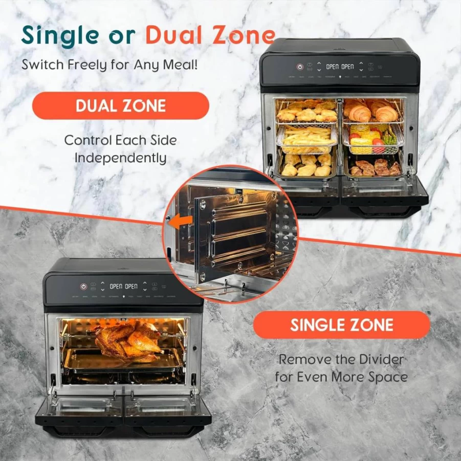 MFVV 24Qt 1800W Dual Zone Air Fryer Oven with Rotisserie, 10-in-1 Countertop Convection Oven Electric, Large Double Air Fryer Digital Mini Oven with Stainless Steel Interior & 360° Even Heating