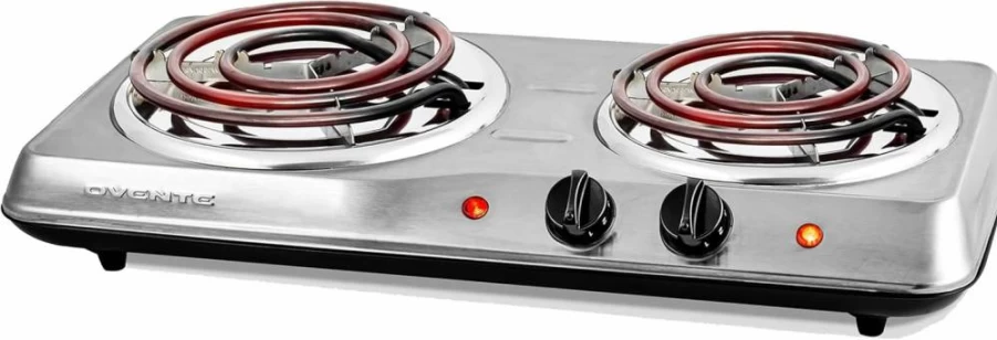 OVENTE BGS102B 1700W Double Burner Electric Cooktop with Cast Iron Hot Plates, Adjustable Temperature Control, Portable Stainless Steel Stove for Countertop, Easy to Clean, Black