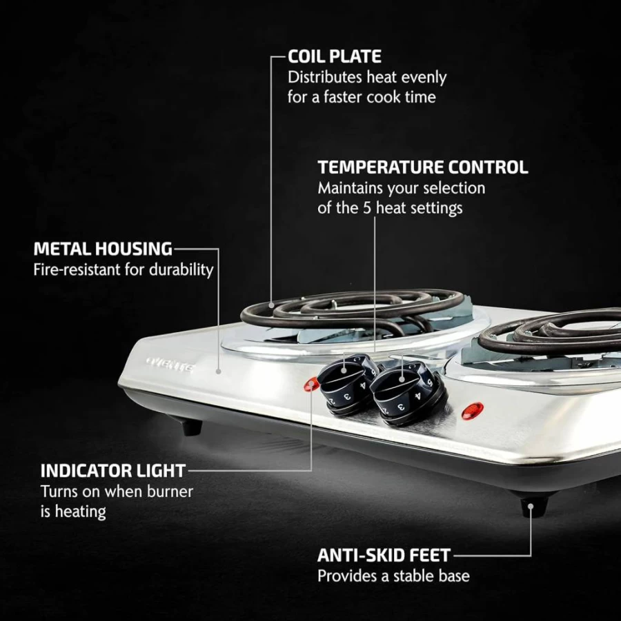 OVENTE BGS102B 1700W Double Burner Electric Cooktop with Cast Iron Hot Plates, Adjustable Temperature Control, Portable Stainless Steel Stove for Countertop, Easy to Clean, Black