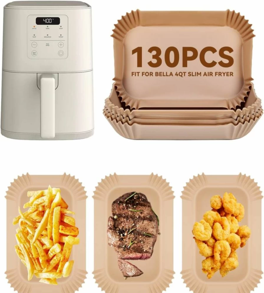 130Pcs MMH Rectangle Air Fryer Paper Liners, Non-Stick Parchment Sheets for 4Qt/3.3L Air Fryers, Disposable Food-Grade Baking Liners, Bleach-Free & Unbleached, Fits Bella Slim & Similar Models