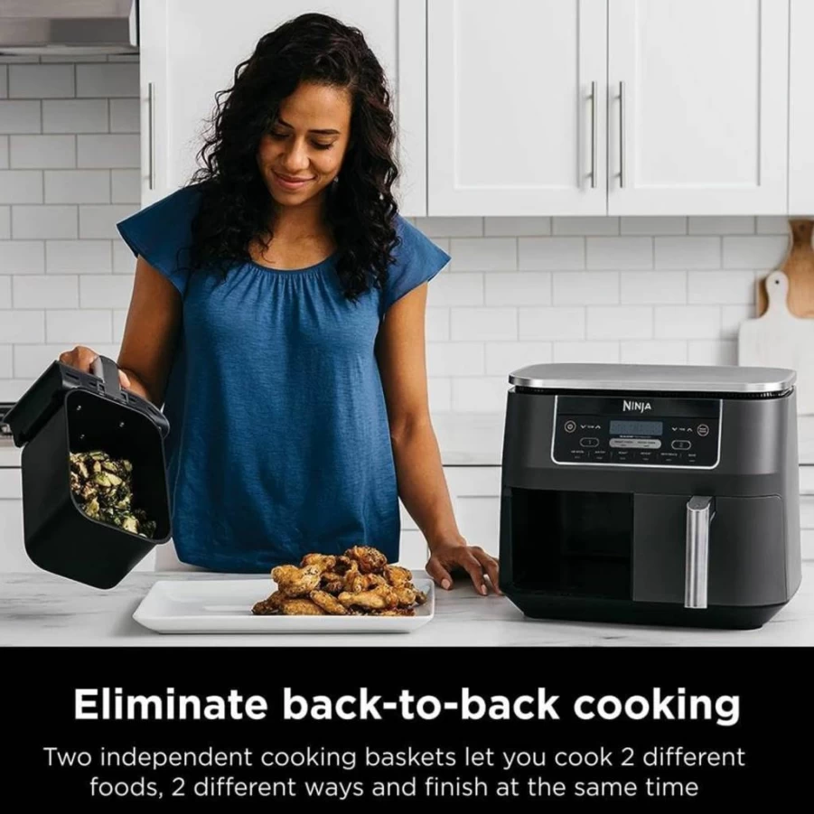 Ninja Foodi 8-Quart 6-in-1 DualZone Air Fryer with 2 Independent Baskets, Match Cook, Smart Finish, Roast, Broil, Dehydrate, Quick Easy Meals, Grey