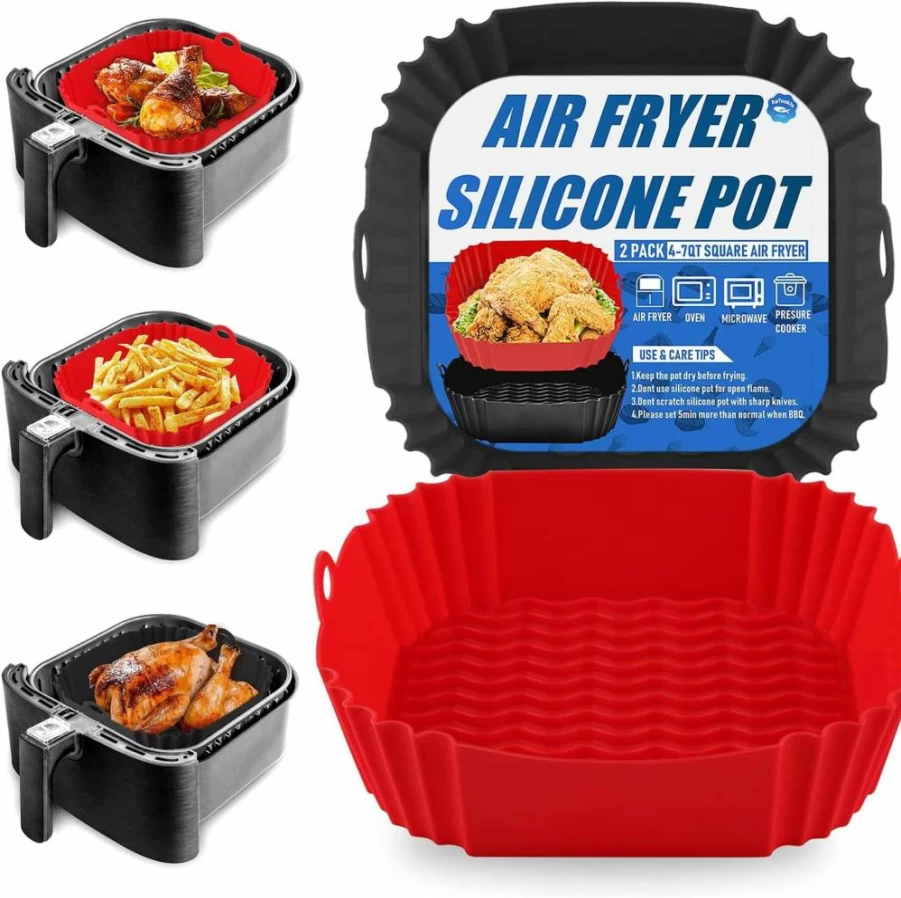 2-Pack Apluskis 8-Inch Square Silicone Air Fryer Liners for 4-7Qt, Reusable Non-Stick Oven Accessories, Food Safe & BPA-Free, Replacement for Parchment Paper