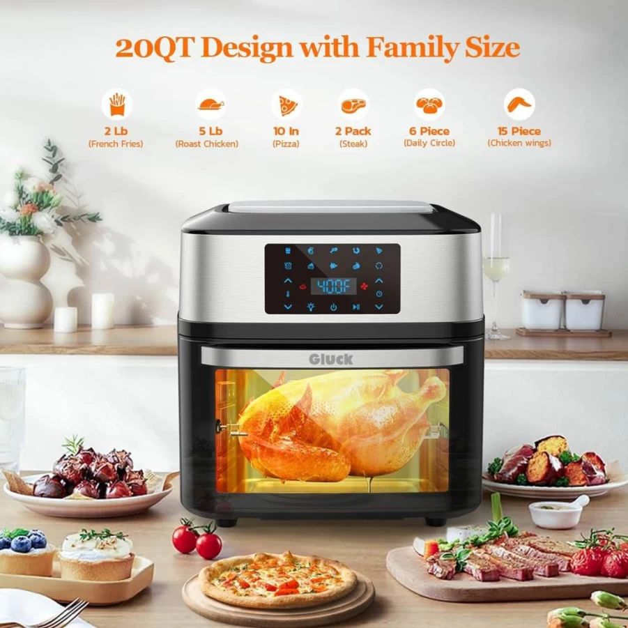Gluck 20 Qt 10-in-1 Air Fryer Toaster Oven Combo with Viewing Window, Rotisserie & 3 Dehydrating Racks – Large Family Size, ETL Certified, Non-Toxic