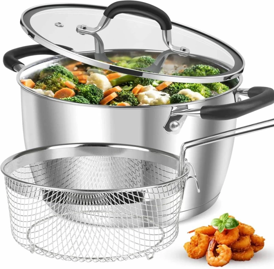 AOSION 6 Quart Stainless Steel Stock Pot with Lid - Induction Ready Deep Fryer Basket, Colander, Steamer - Compatible with All Stovetops Including Gas, Electric, Ceramic - 6Qt Large Cooking Pot for Frying, Boiling, Steaming