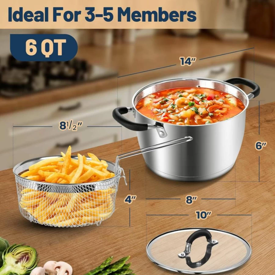 AOSION 6 Quart Stainless Steel Stock Pot with Lid - Induction Ready Deep Fryer Basket, Colander, Steamer - Compatible with All Stovetops Including Gas, Electric, Ceramic - 6Qt Large Cooking Pot for Frying, Boiling, Steaming
