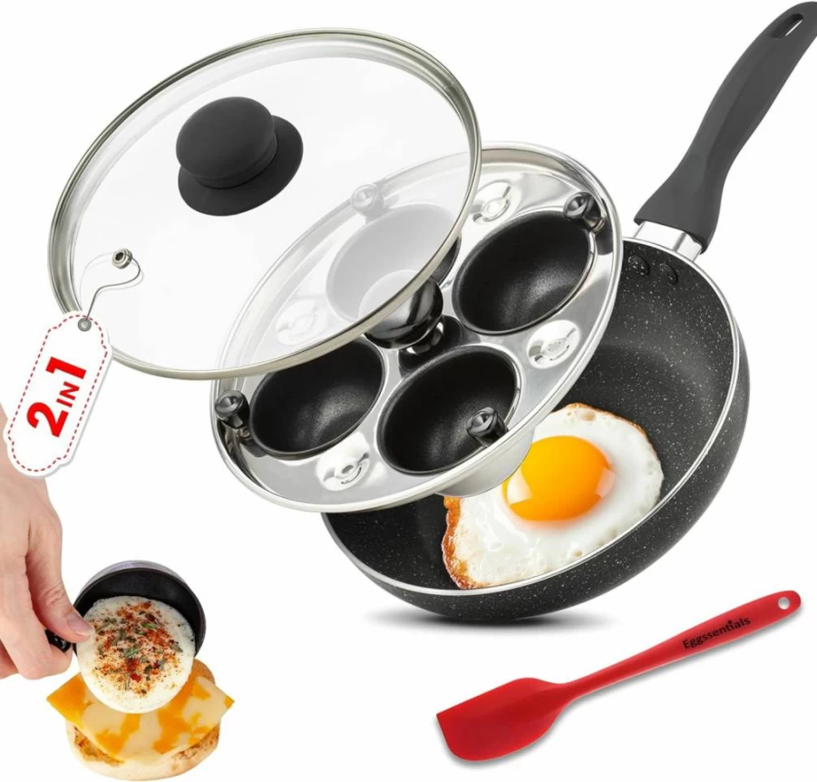 Eggssentials 2-in-1 Nonstick Egg Pan & Poacher - 4 Cup Granite Coated Frying Skillet with Lid & Spatula, PFOA Free Egg Cookware for Poached & Fried Eggs