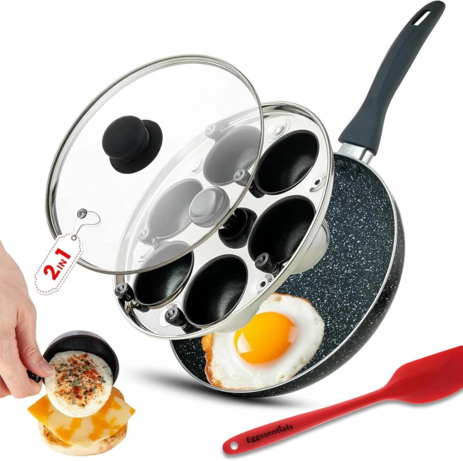 Eggssentials 2-in-1 Nonstick Egg Pan & Poacher - 4 Cup Granite Coated Frying Skillet with Lid & Spatula, PFOA Free Egg Cookware for Poached & Fried Eggs
