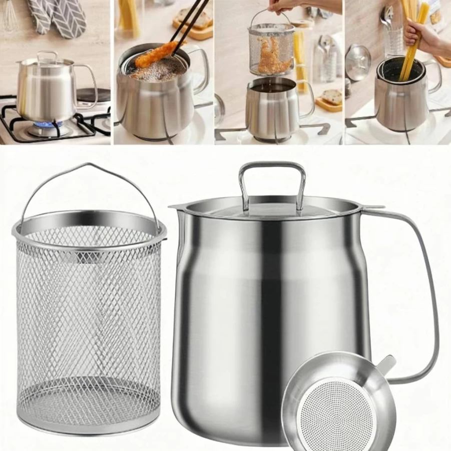 GADO 68Oz (2L) Stainless Steel Oil Filter Pot & Bacon Grease Container - Heavy Duty 304 Steel, Multi-Function Kitchen & Camping Fry Tank with Large Capacity & Versatile Filter Vessel