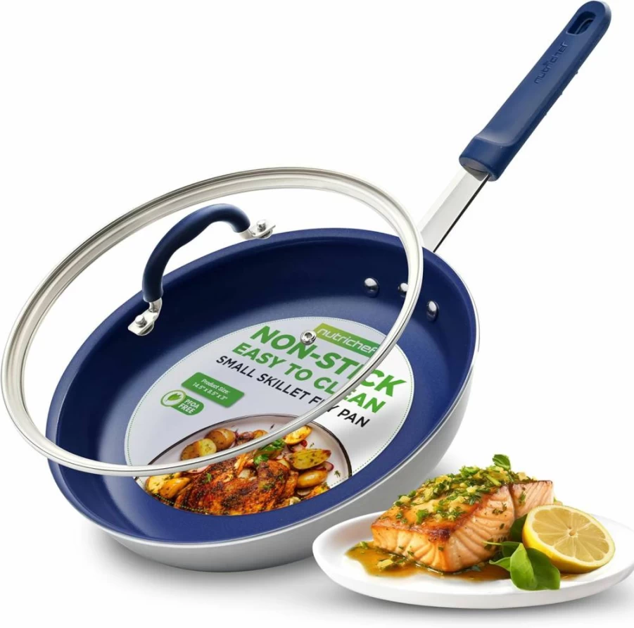 NutriChef 14-Inch Nonstick Ceramic Fry Pan with Lid - Extra Large Skillet, Stain-Resistant, Easy to Clean, Blue Silicone Handle, Professional Home Cookware