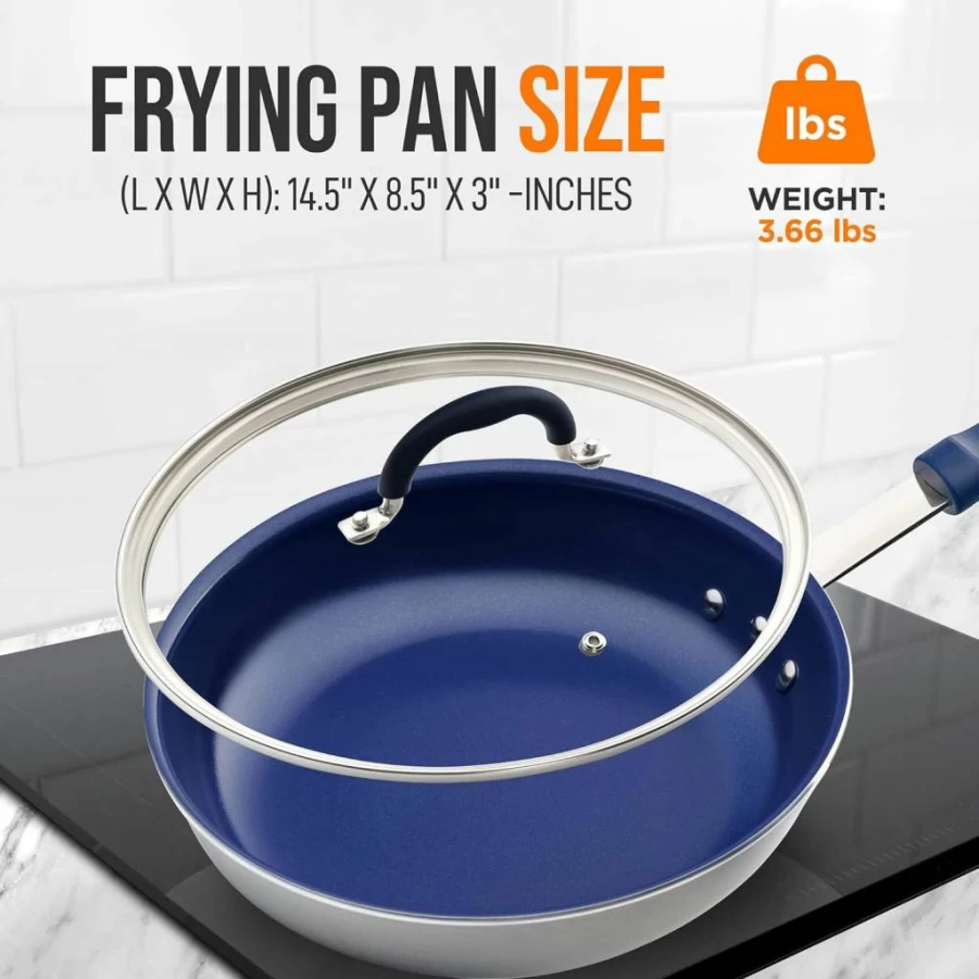 NutriChef 14-Inch Nonstick Ceramic Fry Pan with Lid - Extra Large Skillet, Stain-Resistant, Easy to Clean, Blue Silicone Handle, Professional Home Cookware