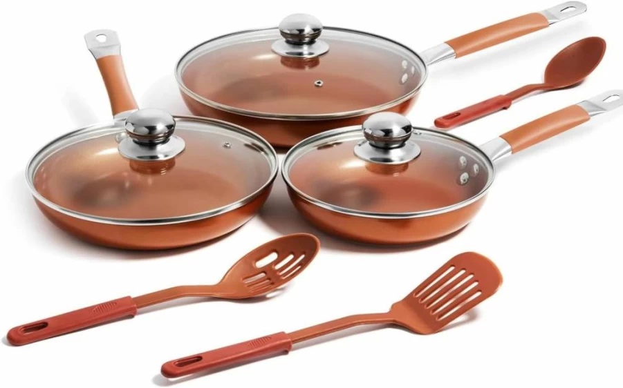 Razab 3-Piece Nonstick Copper Frying Pan Set with Lids (8", 9.5", 11") - Ceramic Coated Cookware for Induction, Gas & Electric Stoves - Includes Silicone Spatulas for Eggs & Omelettes