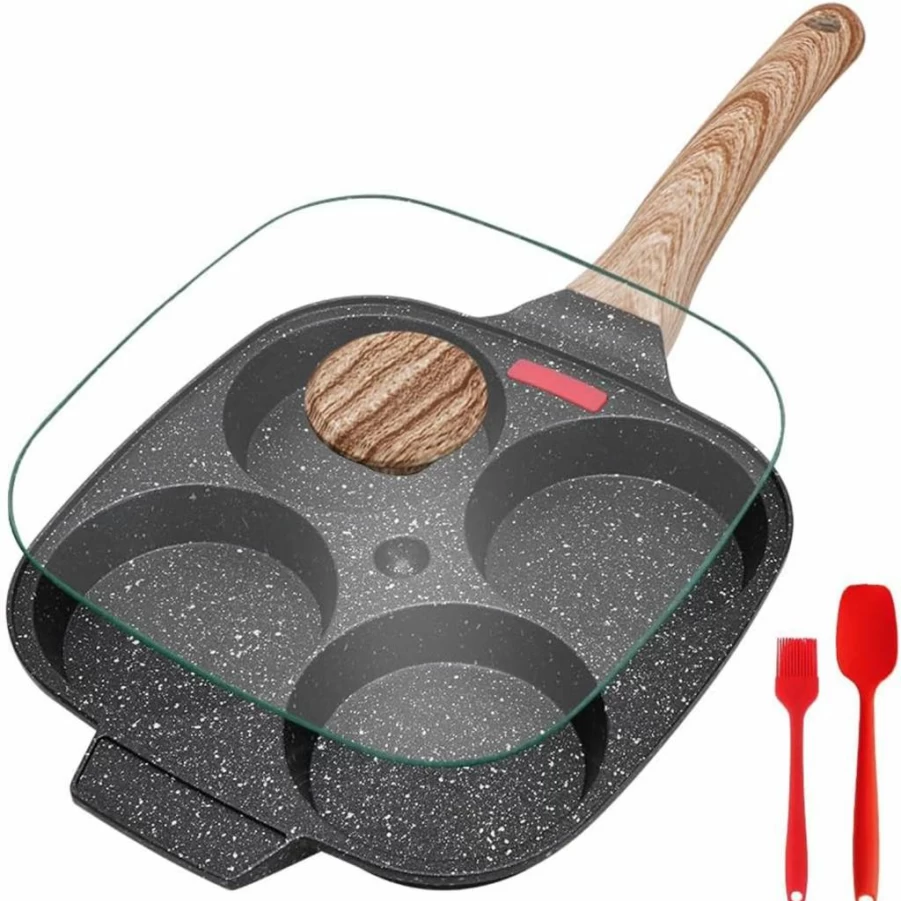 Bobikuke Nonstick 4-Cup Egg Frying Pan with Lid - Aluminum Alloy Pancake Cooker for Breakfast, Induction Compatible Skillet