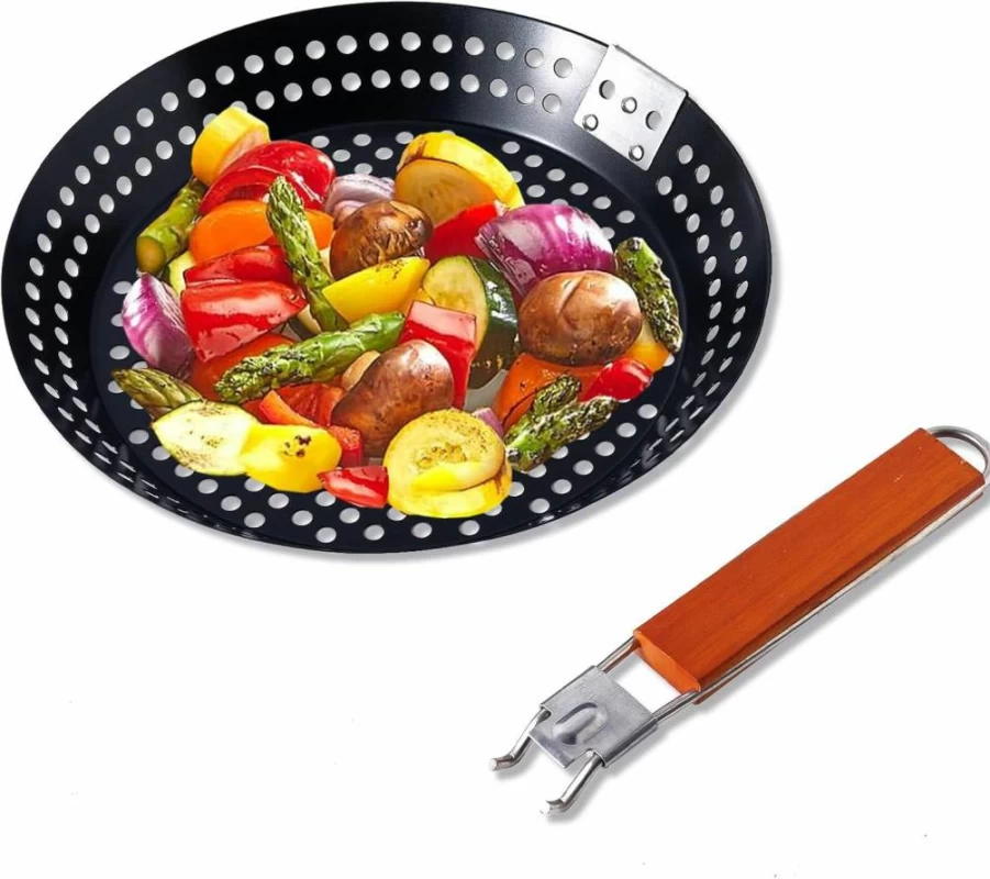 MEHE 12" Non-Stick Grill Skillet & Pizza Pan - Removable Heat-Resistant Handle, Perfect for Chapati, Vegetables, Seafood, and Grilling