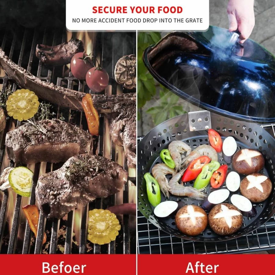 MEHE 12" Non-Stick Grill Skillet & Pizza Pan - Removable Heat-Resistant Handle, Perfect for Chapati, Vegetables, Seafood, and Grilling