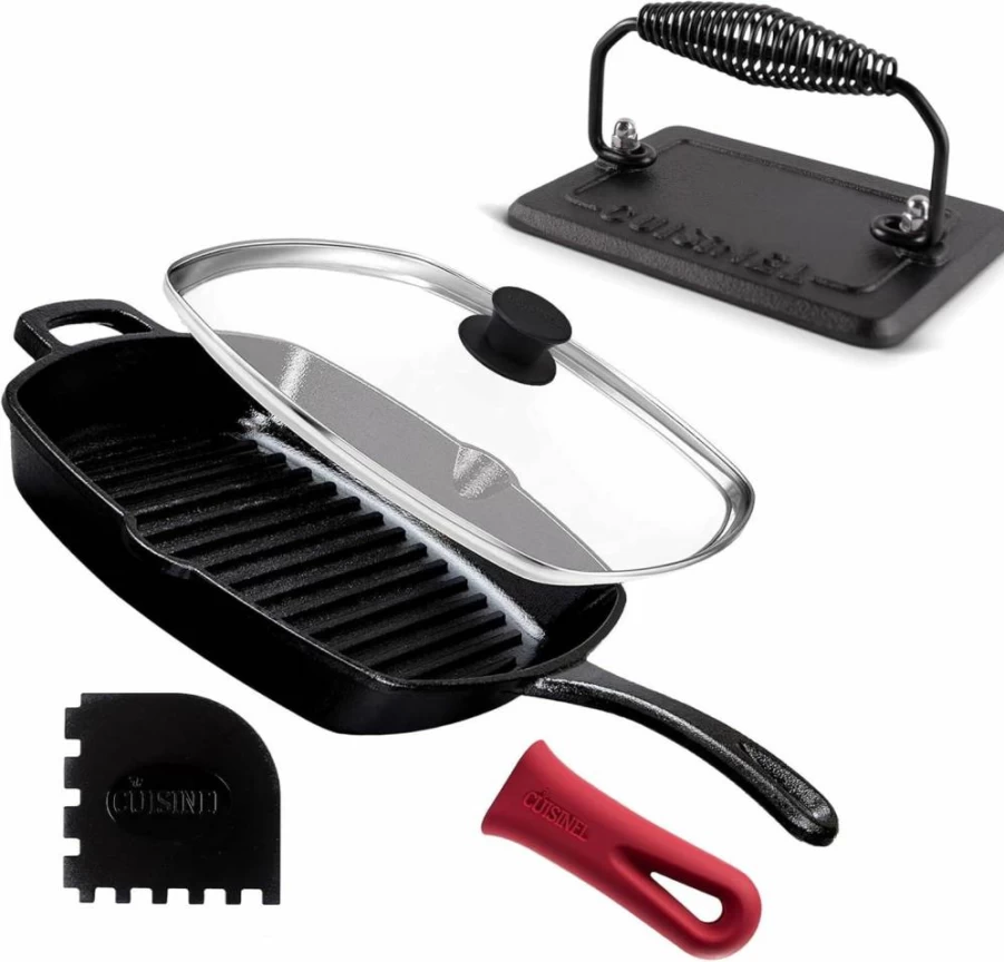 Cuisinel 10.5" Pre-Seasoned Cast Iron Grill Pan Set with Glass Lid, Scraper & Handle Cover - Square Ridged Skillet for Stovetop, Fireplace, Indoor/Outdoor Cooking - Grill, Fry, Saute