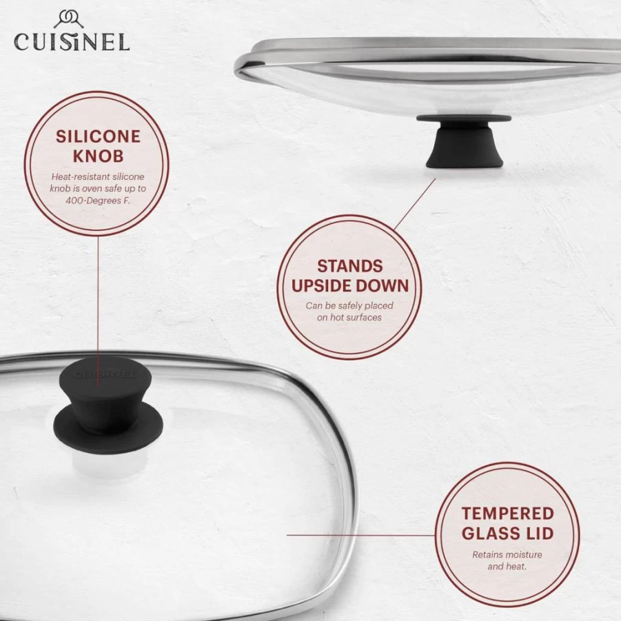 Cuisinel 10.5" Pre-Seasoned Cast Iron Grill Pan Set with Glass Lid, Scraper & Handle Cover - Square Ridged Skillet for Stovetop, Fireplace, Indoor/Outdoor Cooking - Grill, Fry, Saute