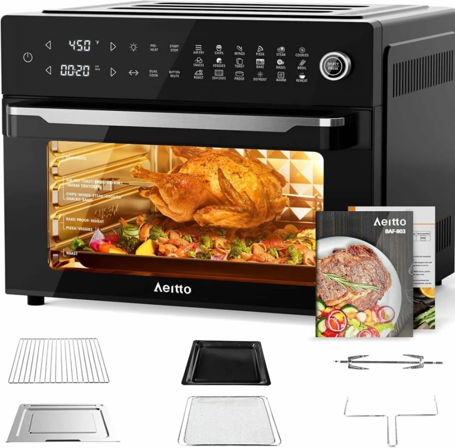 Aeitto 19-in-1 Digital Air Fryer Oven Combo with Rotisserie & Dehydrator, 32QT Large Toaster Oven, 1800W, Fits 13" Pizza, 9 Slices Toast, Includes Accessories, Black