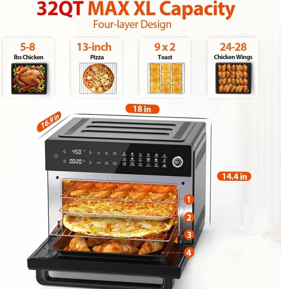 Aeitto 19-in-1 Digital Air Fryer Oven Combo with Rotisserie & Dehydrator, 32QT Large Toaster Oven, 1800W, Fits 13" Pizza, 9 Slices Toast, Includes Accessories, Black